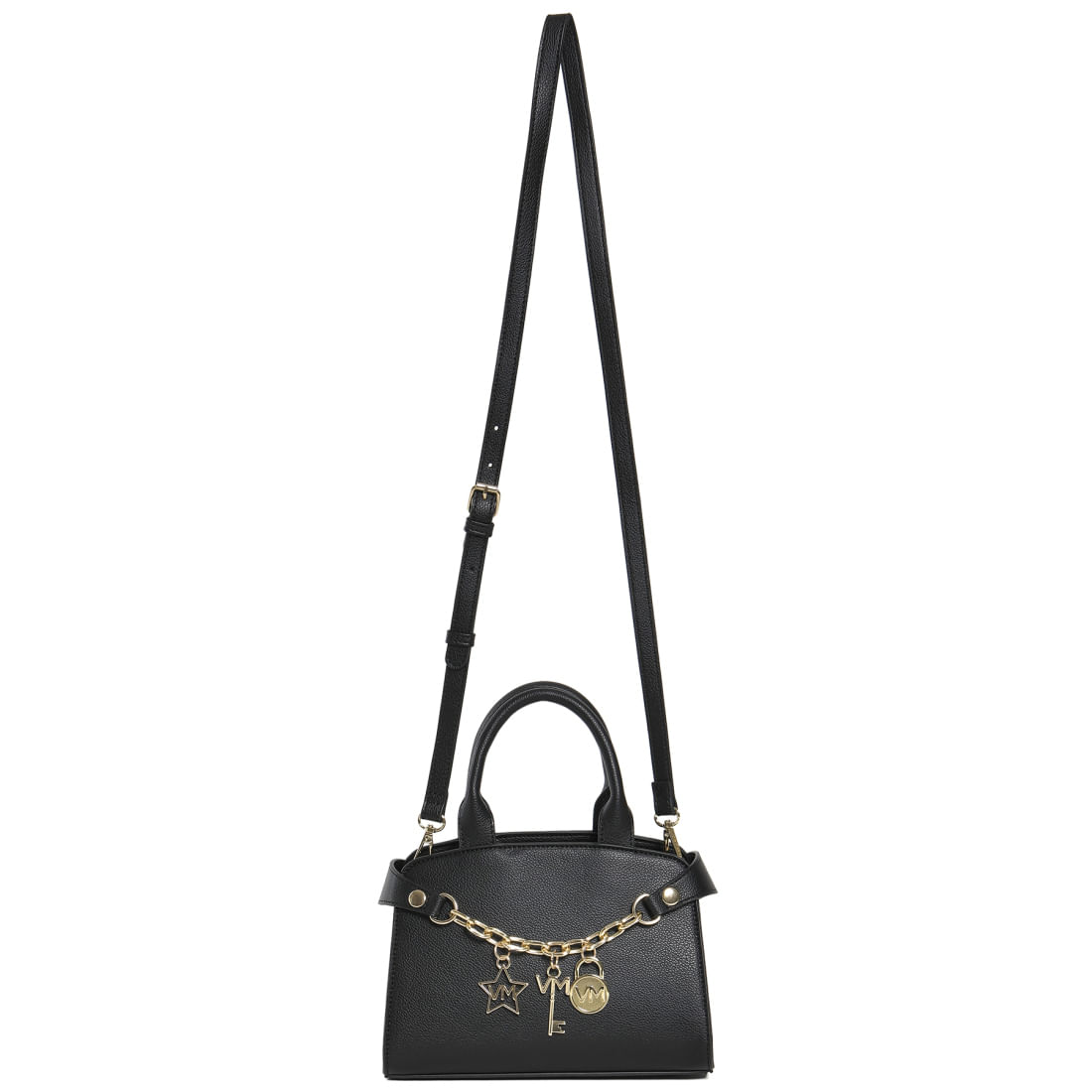 Bolsa tote Via Marte feminina preta com pingente dourado para uso diário